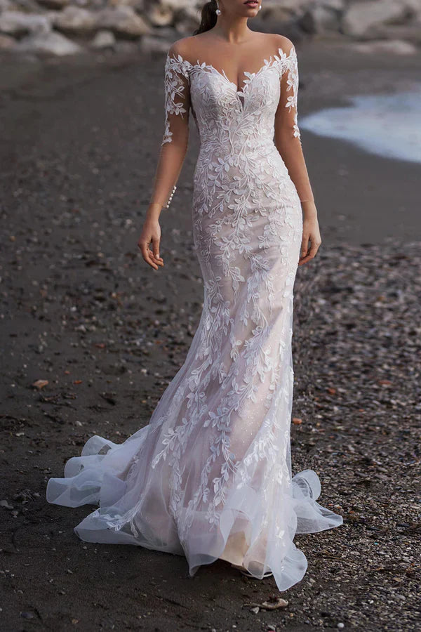 Luolandi Unique illusion neckline lace wedding dress fishtail tailing wedding dress Beautiful